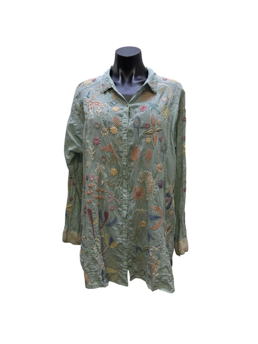 Johnny Was Biya Embroidered Green Button-Down Blouse Size L